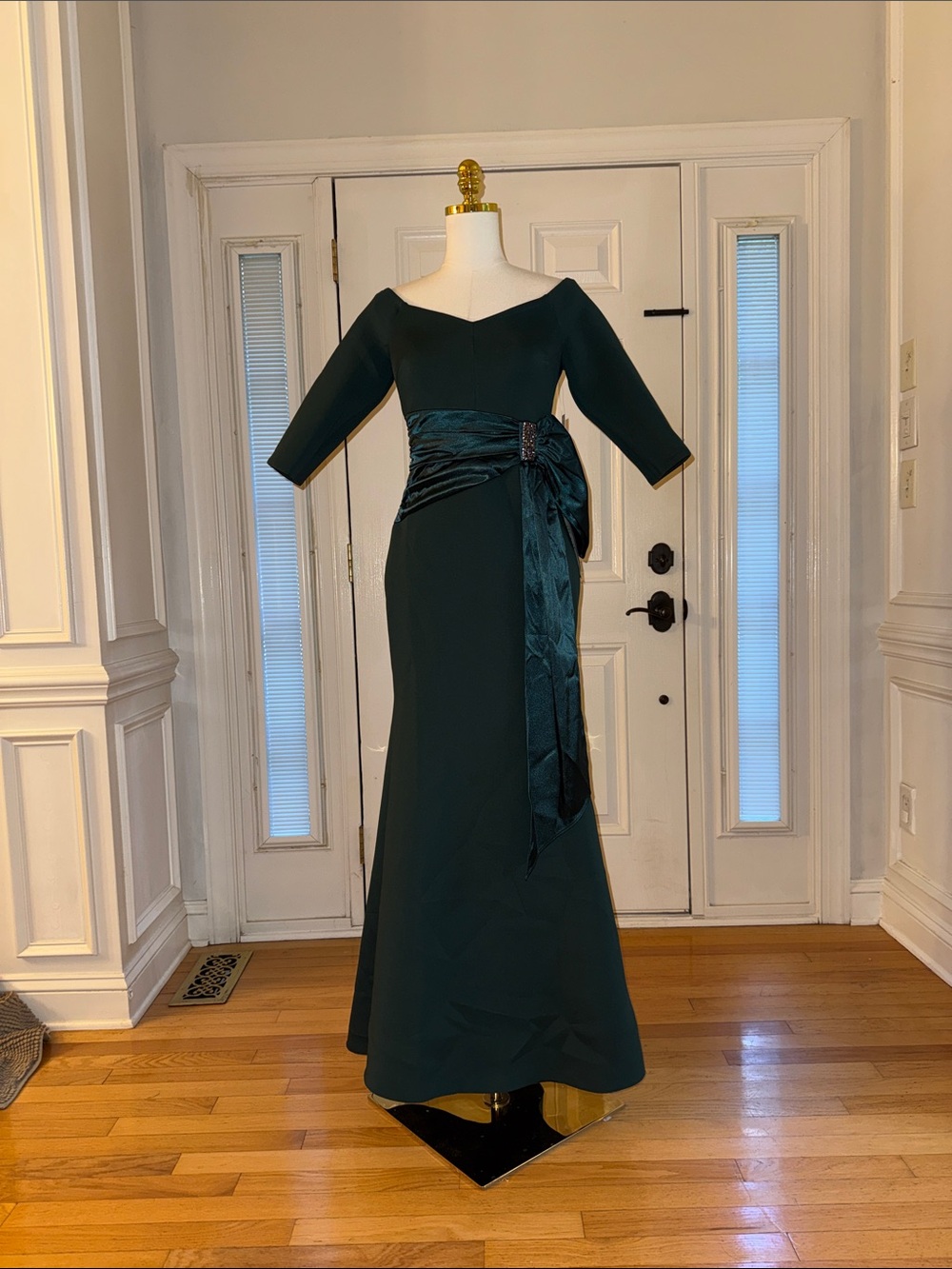 Eliza J Forest Green Off-Shoulder Evening Gown with Sash
